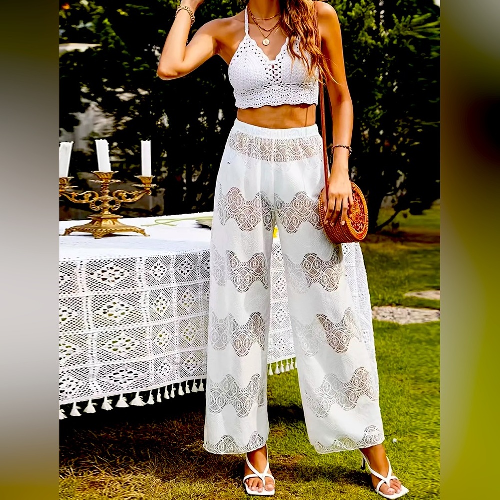 ‏ Wide Leg, High Waist Loose White Beach Pants